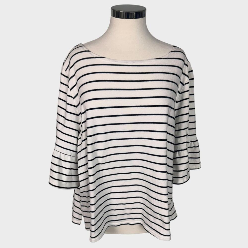 Falls Creek Womens 2X 1/2 Bell Sleeve White Black Stripe Top 100% Cotton